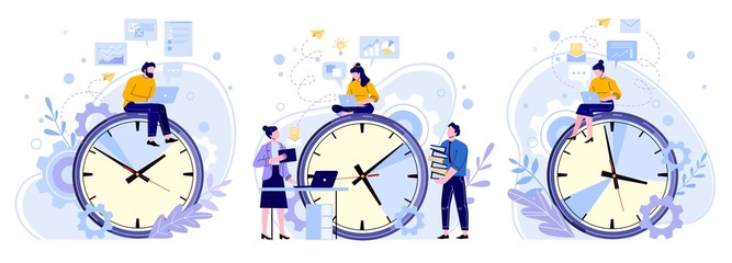 efficiency work time. man, woman and workers teamwork hours. freelance workers, productivity clocks 