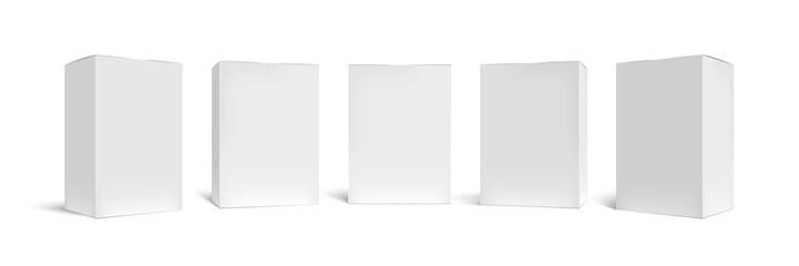 realistic box mock up. rectangular packaging boxes, white cardboard and blank vertical pack 3d vecto