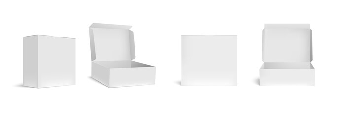 open and closed white box mockup. opened packaging boxes, empty rectangular package and realistic pa