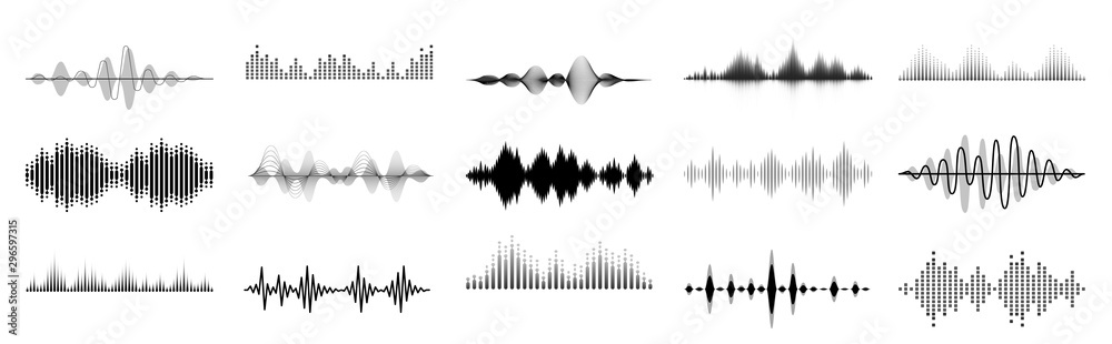Black sound waves. Abstract music wave, radio signal frequency and digital voice visualisation. Tune equalizer vector set. Monochrome volume audio lines, soundwaves rhythm isolated on white background - obrazy, fototapety, plakaty 