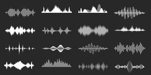 Sound Waves. Playing Song Visualisation, Radio Frequency Lines And Sounds Amplitudes. Abstract Music Wave, Stereo Equalizer And Volume Levels Vector Set. Monocolor Audio Soundtrack, Musical Vibrations