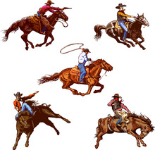 Vector Image Of A Cowboy On A Wild Mustang Horse Decorating Him At A Rodeo In The Style Of Artistic Sketches