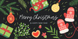 Christmas and new year banner, flyer, party invitation, poster and landing page with floral and botanic elements, christmas tree decorations and home-made cookies. Seasonal greeting post card.