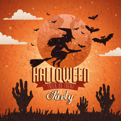 Poster - poster of party halloween with witch flying vector illustration design