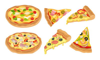 Wall Mural - Italian Pizza Vector Illustrated Set. Colorful Restaurant Tasty Isolated Nutrition