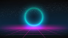 Synthwave Background. Dark Retro Futuristic Backdrop With Pink Perspective Grid And Glowing Blue Circle. TV Glitch. Abstract Retrowave Template. 80s Vaporwave Style. Stock Vector Illustration