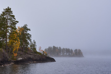 Rocky islands with colorful autumn trees on a foggy lake. Copy space.