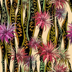 Wall Mural - Seamless pattern with snake plant and colorful exotic flowers.. Hand drawn vector illustration.