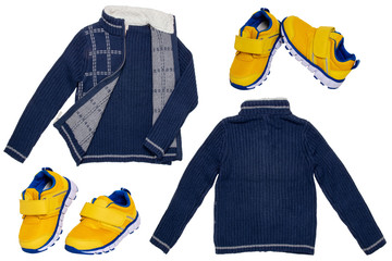 Collage set of children clothes. A warm dark blue cardigan or jacket with a white checkered pattern in a front and back view and a pair of a yellow blue sneaker for child boy isolated on a white backg