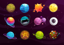 Funny Galaxy Concept. Cartoon Colorful Fantasy Alien Planets Set.