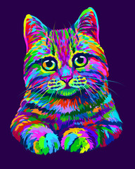 Wall Mural - cat. hand-drawn, abstract, multicolored portrait of a cat looking forward on a purple background in 