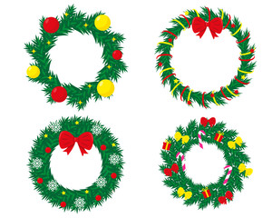 Set of decorated christmas wreaths. New Year and Christmas vector illustrations isolated on white background.