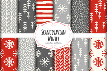 Cute Scandinavian Winter Hand Drawn Seamless Patterns Set