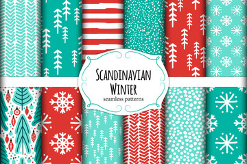 Cute Scandinavian Winter hand drawn seamless patterns set