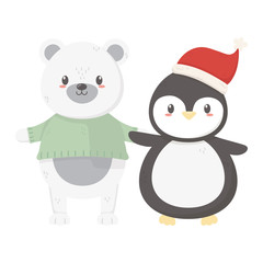 Wall Mural - polar bear with sweater and penguin with hat celebration merry christmas