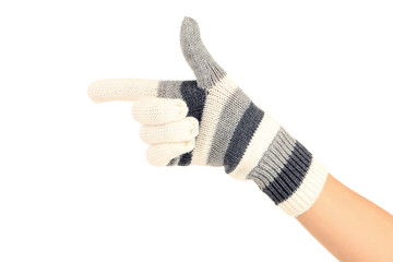 Sticker - Hand in knitted mitten on white background