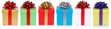 Christmas Presents Birthday Gifts In A Row Isolated On White