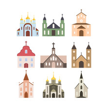 Set Of 9 Colored Church Icons For Web Design. The Buildings Of The Catholic, Orthodox Church With Crosses, Windows, Doors, Domes. Flat Vector Illustration Isolated On White Background.