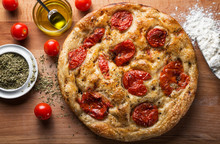 Bari-style Focaccia Bread, Focaccia Barese, Focaccia With Cherry Tomatoes, Olive Oil And Oregano. Top View.