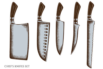 Vector set of hand drawn colored Chef s knifes
