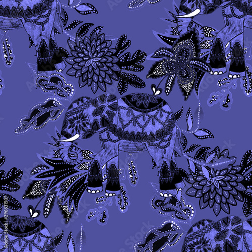 Creative seamless pattern with hand drawn fantasy flowers and elephant. Trend...
