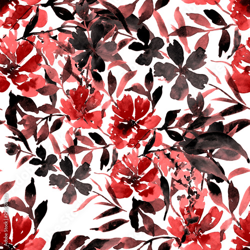 Watercolor seamless pattern with hand drawn flower. Vintage floral print. Bot...