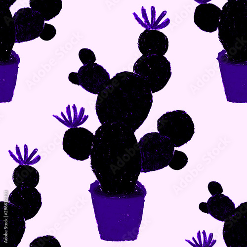 Creative seamless pattern with hand drawn cactuses in pots. Bright botanical ...