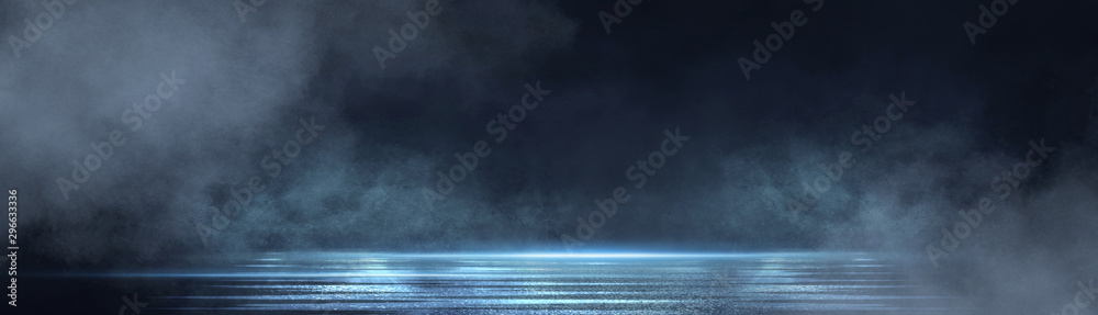 Dark street, wet asphalt, reflections of rays in the water. Abstract dark blue background, smoke, smog. Empty dark scene, neon light, spotlights. Concrete floor - obrazy, fototapety, plakaty 