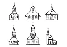 Sketch Church Doodle Buildings Set . Hand Drawn Illustration, Christian Sign, Catholic Religion Object