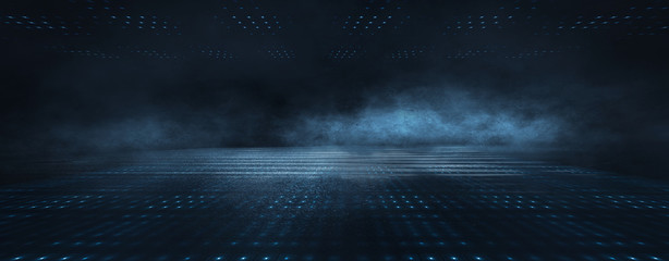 Dark street, wet asphalt, reflections of rays in the water. Abstract dark blue background, smoke, smog. Empty dark scene, neon light, spotlights. Concrete floor