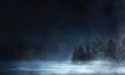 Wall Mural - abstract dark empty scene. neon light, silhouettes of trees, water, big moon. abstract night landsca