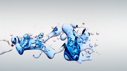 Wall Mural - transparent blue oil bubbles and fluid shapes in purified water on a white gradient background. Side angle with crystal colored bubbles in purified cosmetic backdrop with copy space for science and ad