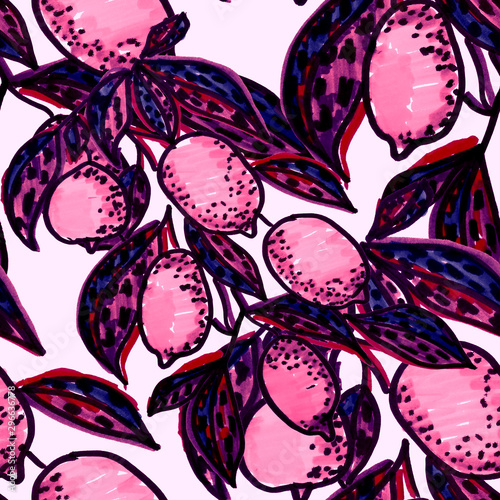 Creative seamless pattern with hand drawn abstract lemons. Fruity fashion pri...