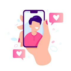 Poster - Female hand holding smartphone with boyfriend on screen. Video call with loved one. Finger touch screen. Video call concept. Vector flat cartoon illustration for web sites and banners design