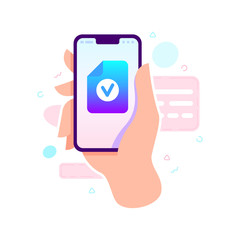 Poster - Hand holding phone with document sent or received. Sending message concept. Vector flat cartoon illustration for web sites and banners design