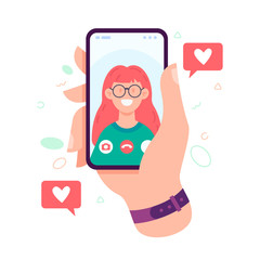 Poster - Video call concept. Male hand holding smartphone with girlfriend on screen. Video call with loved one. Finger touch screen. Vector flat cartoon illustration for web sites and banners design
