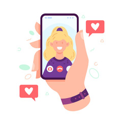Poster - Video call with loved one. Male hand holding smartphone with girlfriend on screen. Finger touch screen. Video call concept. Vector flat cartoon illustration for web sites and banners design