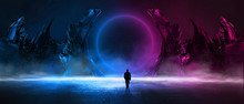 Modern Futuristic Abstract Background. Large Object In The Center, Space Background. Dark Scene With Neon Light.