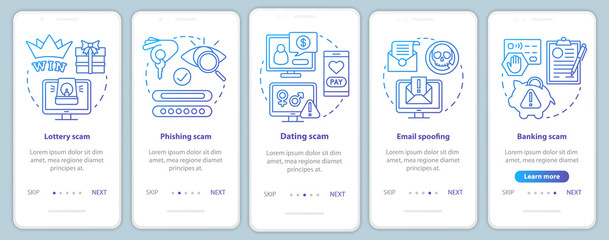 Scam types onboarding mobile app page screen vector template. Walkthrough website steps with linear illustrations. Lottery scam. UX, UI, GUI smartphone interface concept