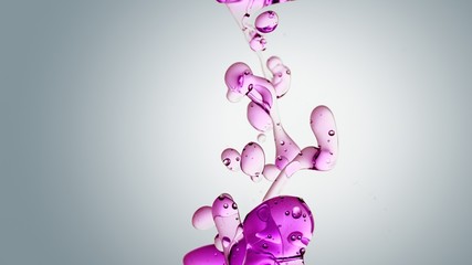 Wall Mural - transparent purple,  pink, violet oil bubbles and fluid shapes in purified water on a white gradient background. Side angle with crystal colored bubbles in purified water cosmetic backdrop with copy s