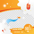Banner for social page. Special offer Mega Sale 50% Plane with loudspeaker on the transparent background of clouds cut out of paper and glowing lights.