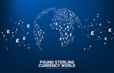 Aufkleber - World Globe with money pound sterling currency icon polygon dot connected line. Concept for financial network connection in british.