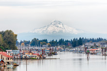 View Of Mt. Hood And Portland Marina Floating Boat Houses In Oregon