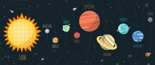 Set Of Universe, Solar System Planet And Space Element On Universe Background. Vector Illustration In Cartoon Style.