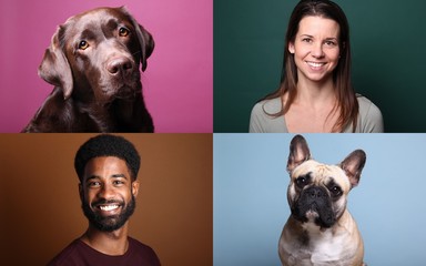 Wall Mural - Beautiful happy people with a pet in front of a background