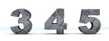 Numbers Broken. Numbers 3, 4, 5 Cracked 3d Render. Isolated On White Background. Path Save.