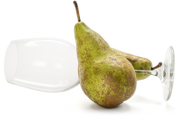 Group of two whole fresh green pear conference with wineglass isolated on white background