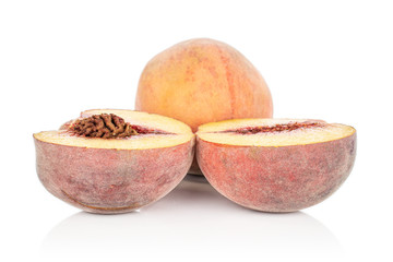 Group of one whole two halves of sweet red peach isolated on white background