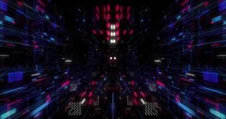 Poster - Abstract technology big data cloud computing background with bright neon lines and dots. Flying in Digital Cyber City Particles HUD. floating circuits. Seamless loop, 3D render