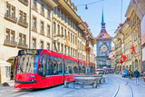 Fototapeta  - Streets with shopping area and Zytglogge astronomical clock tower and fountain in the historic old medieval city centre of Bern, Switzerland